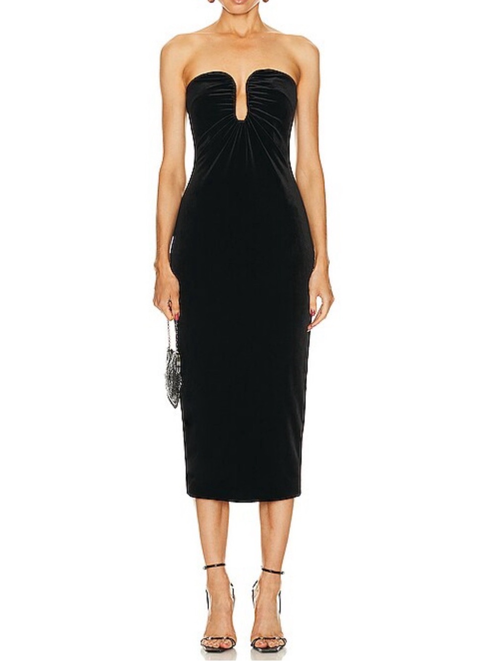 Self-Portrait Black Strapless Velvet Midi Dress with Front Keyhole